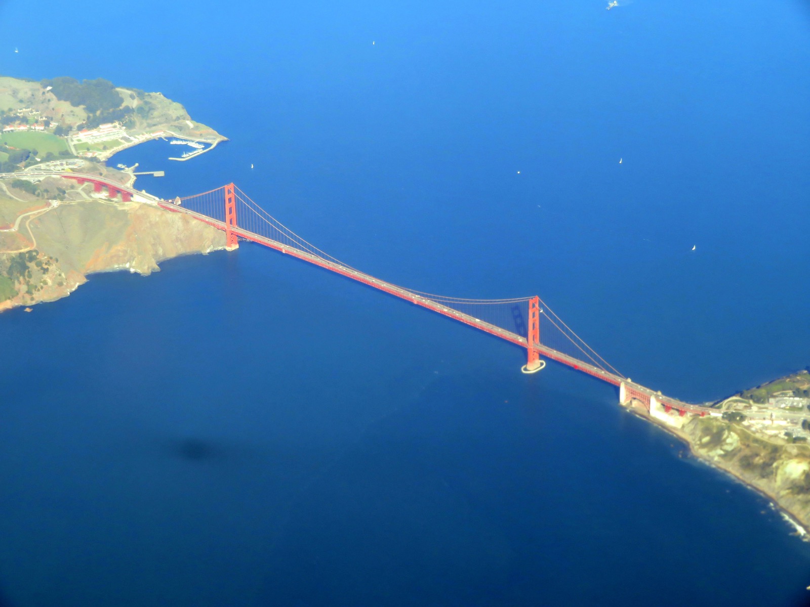 Aerial view of the Golden Gate Bridge and San Francisco Bay from a helicopter